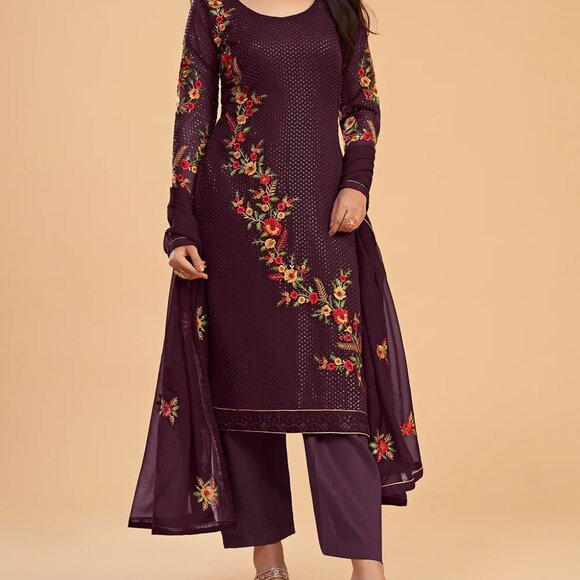 Elegant Wedding Wear Plum Purple Floral Embroidered Georgette Pant Style Suit - Picture 1 of 4